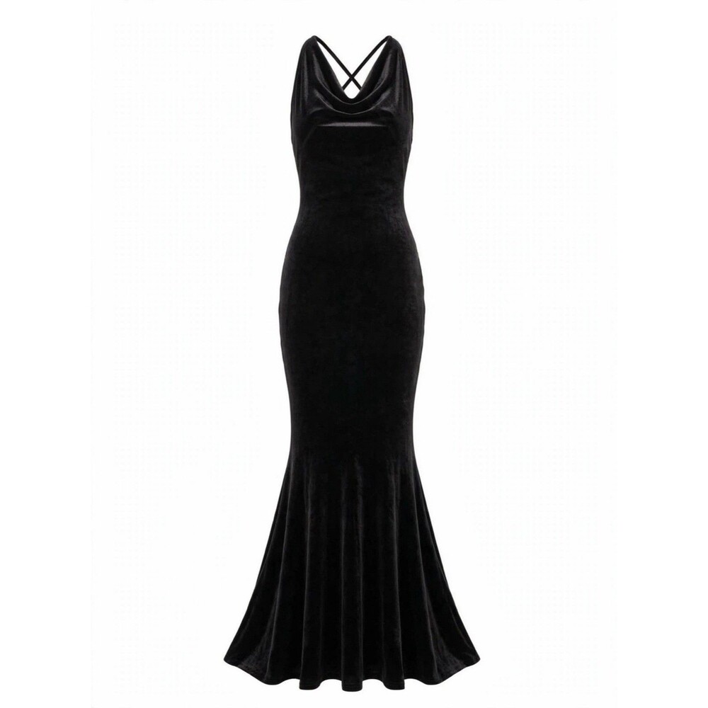 Faeriesty S Black Velvet Cowl Mermaid Maxi Dress Open Back Formal